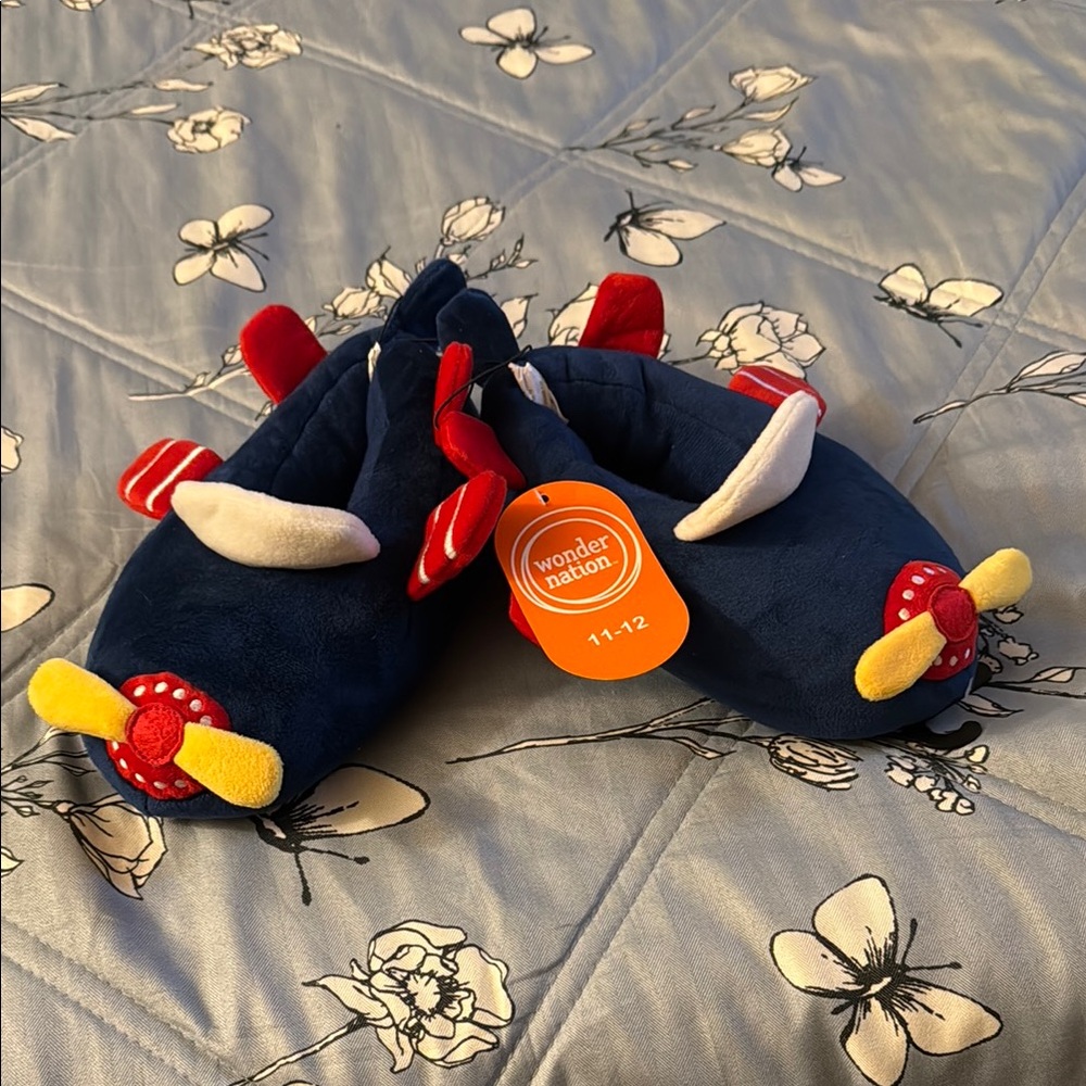 Wonder Nation Navy Airplane Slippers with Red and Yellow Accents